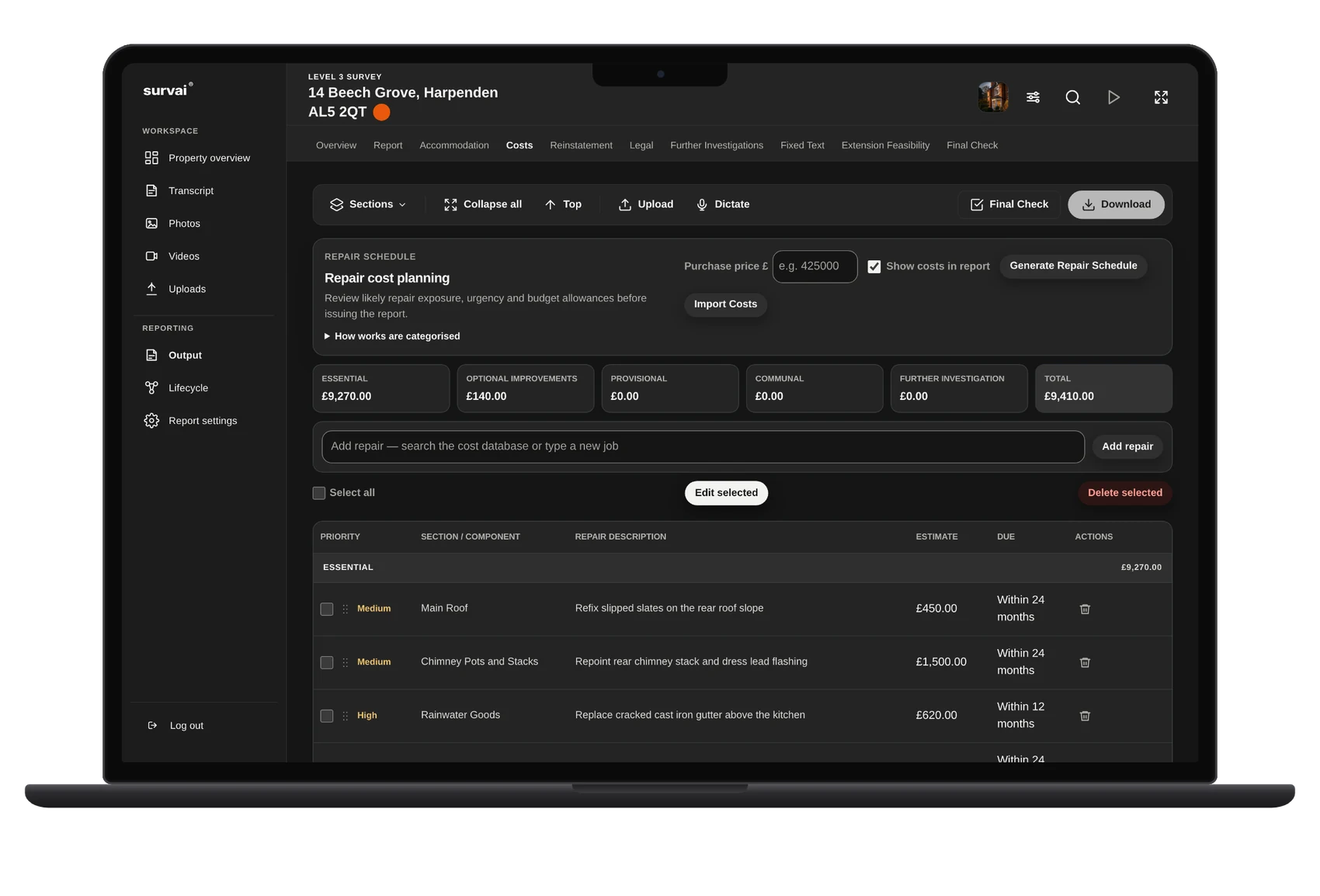 The repair cost schedule for a survey in SurvAI on a MacBook Pro