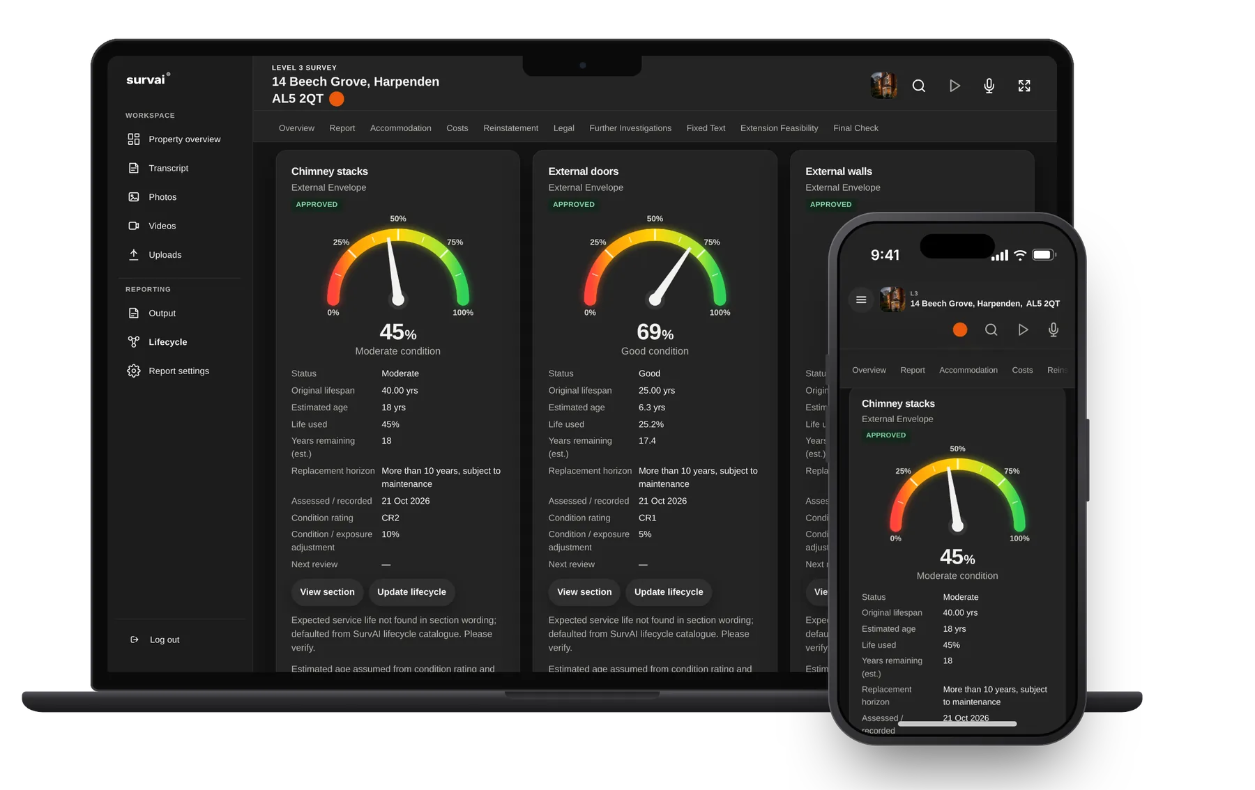 Component lifecycle gauges for a survey in SurvAI on a MacBook Pro and an iPhone, showing the age, lifespan and condition of each part of the house