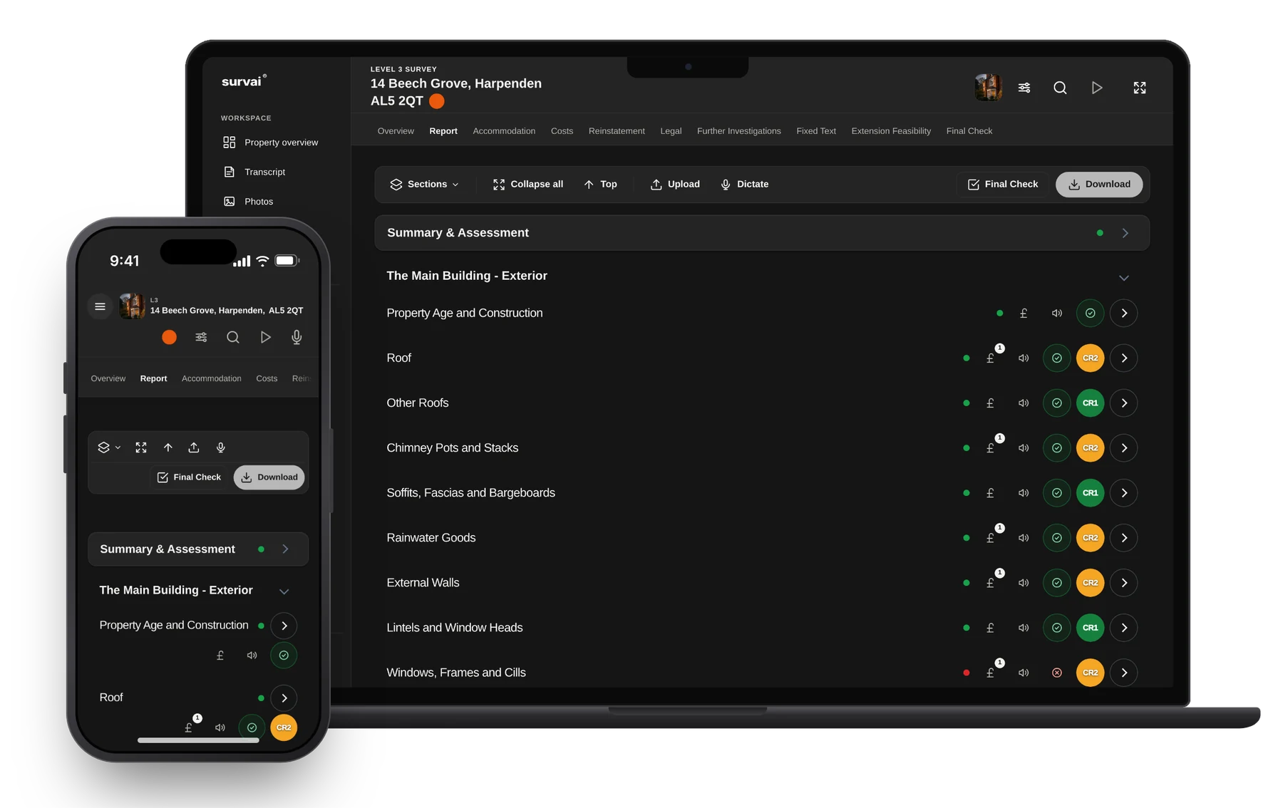 A Level 3 report in SurvAI on a MacBook Pro and an iPhone, showing each section's approval and condition rating