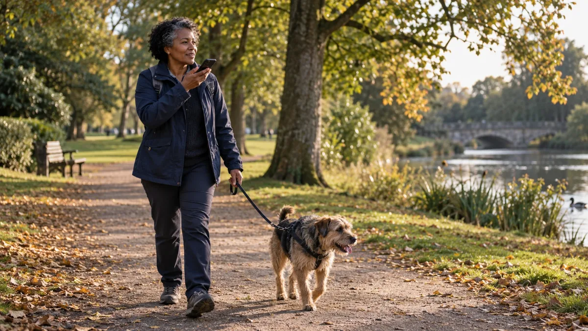 A woman walking her dog through a park in the late afternoon