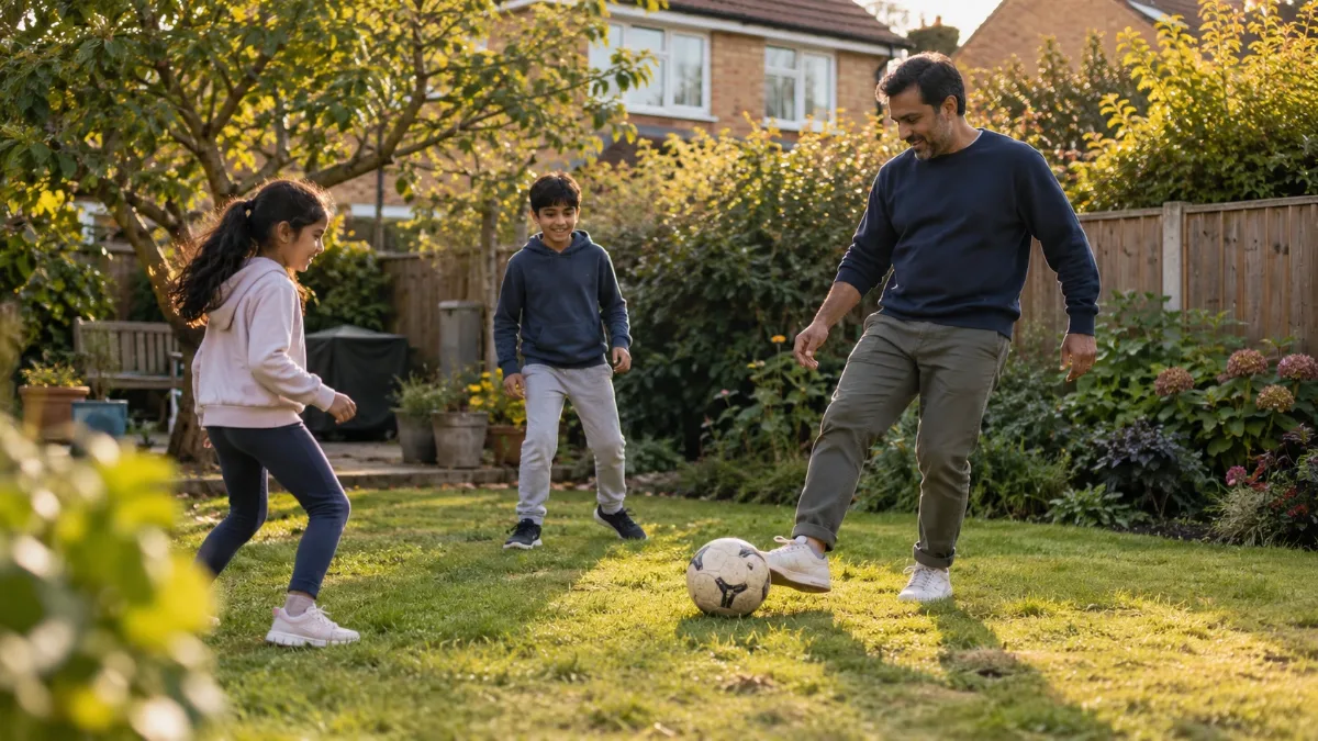 A father playing football with his two children in the garden