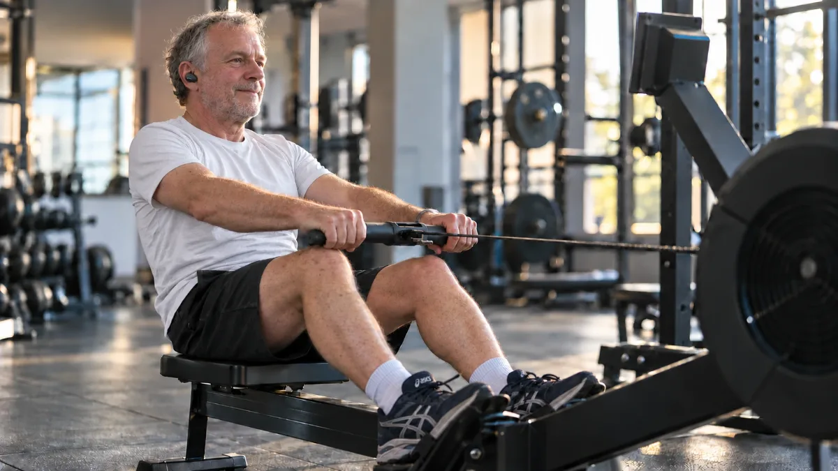 A man training on a rowing machine at the gym
