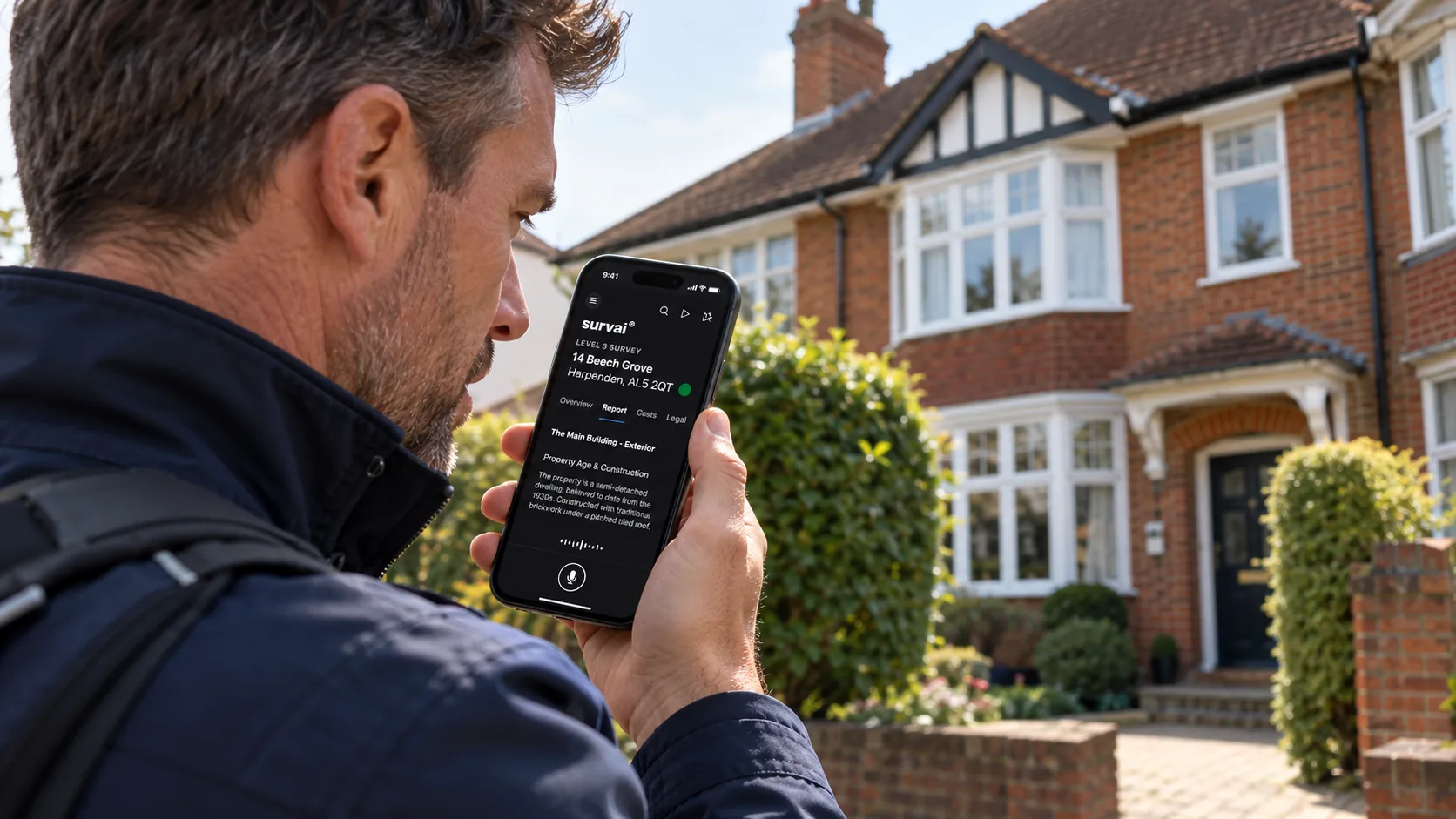 A surveyor dictating a report into SurvAI on his iPhone outside a house