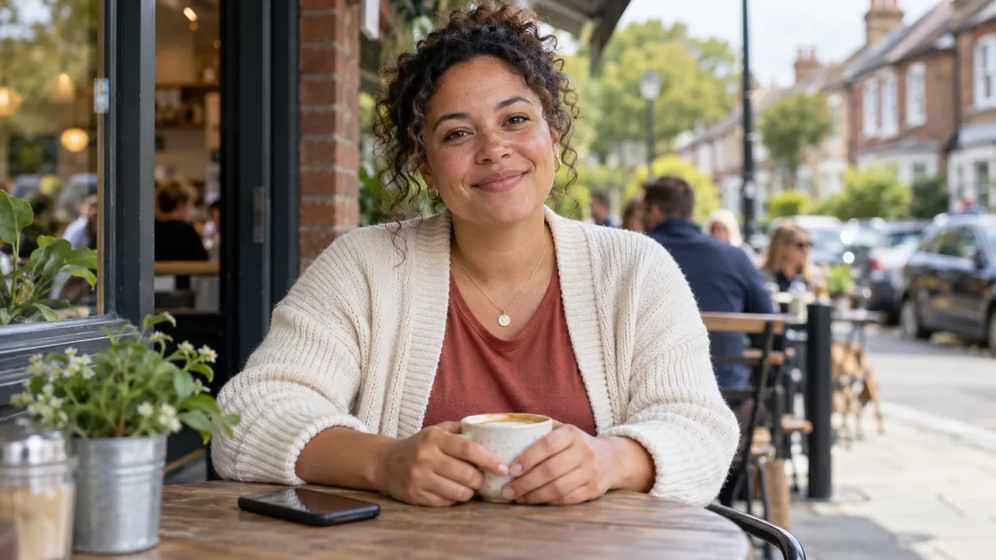 A woman relaxing with a coffee at a pavement café, her phone face down on the table