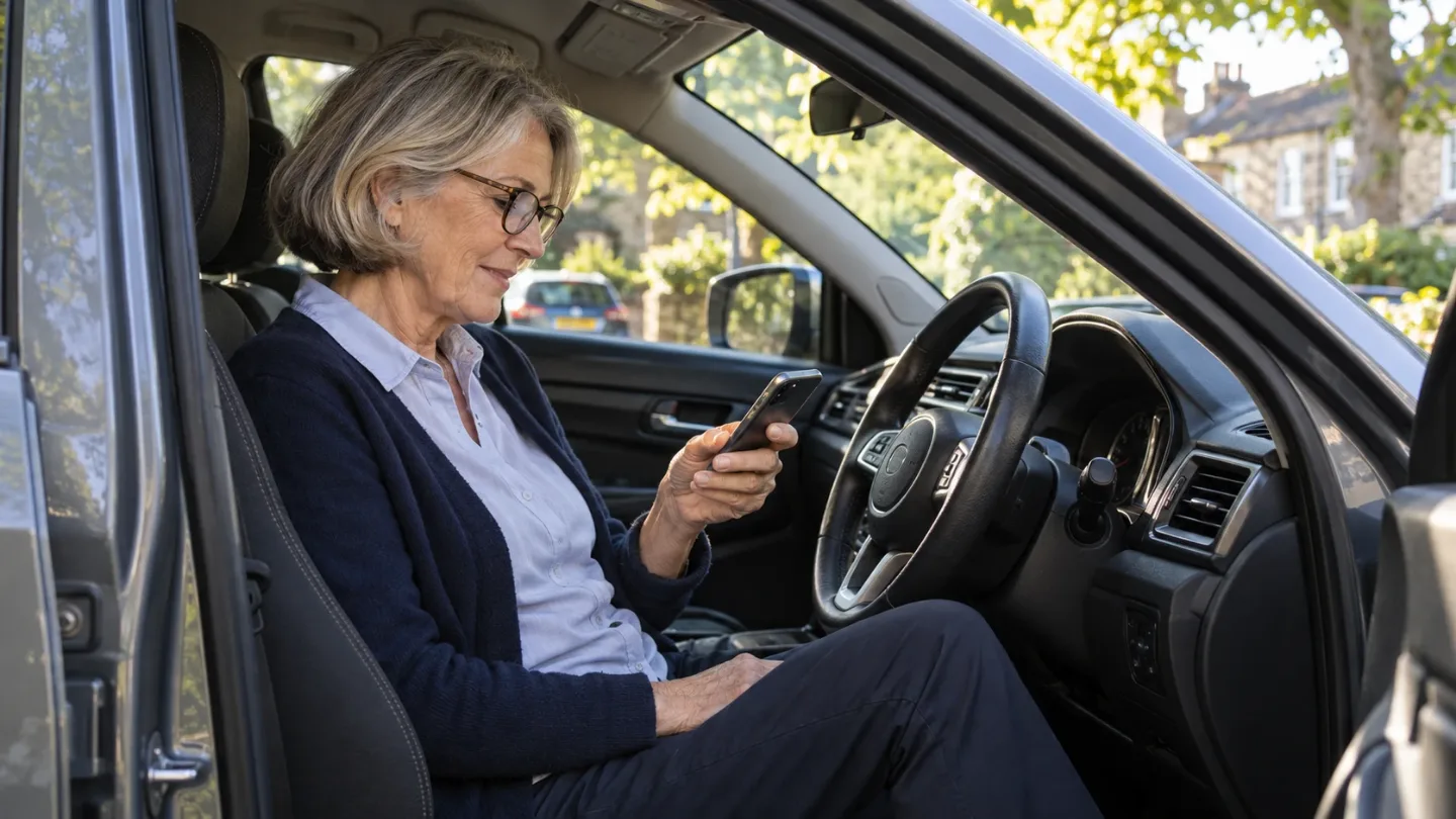 A surveyor checking a report on her phone, sitting in her car