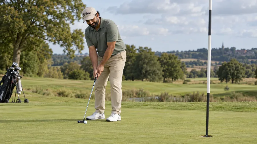 A man lining up a putt on a golf course