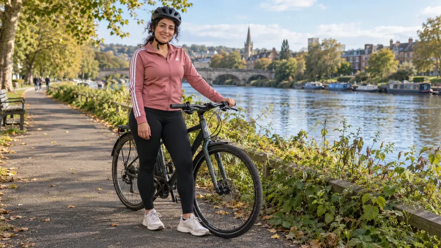 A woman with her bicycle on a riverside path in the autumn sun